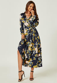 Feminine Floral Print Long Sleeve Wrap Midi Dress In Navy