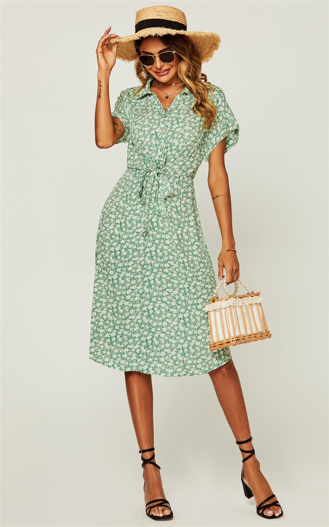 Relaxed Floral Print Button Down Midi Shirt Dress In Green