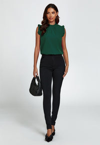 Frill Trim Sleeve Frill Neck Blouse Top In Dark Green