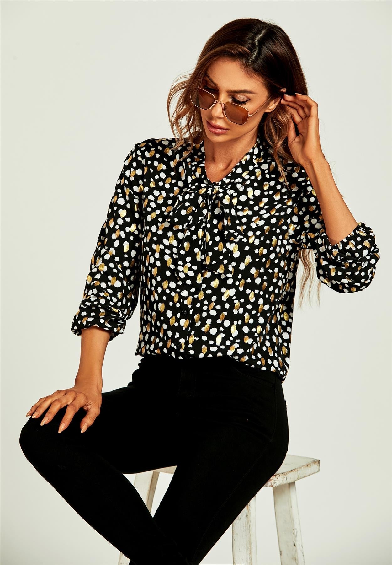 Gold Foil Leopard Print Pussybow Blouse/Top In Black