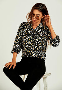 Gold Foil Leopard Print Pussybow Blouse/Top In Black