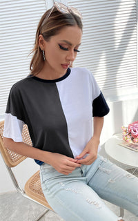 Relaxed Black Striped & White Colour Block Simple Style T Shirt Top In Charcoal Grey