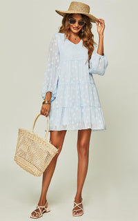 V Neck Long Balloon Sleeve Tiered Dress In Blue & Star Patten
