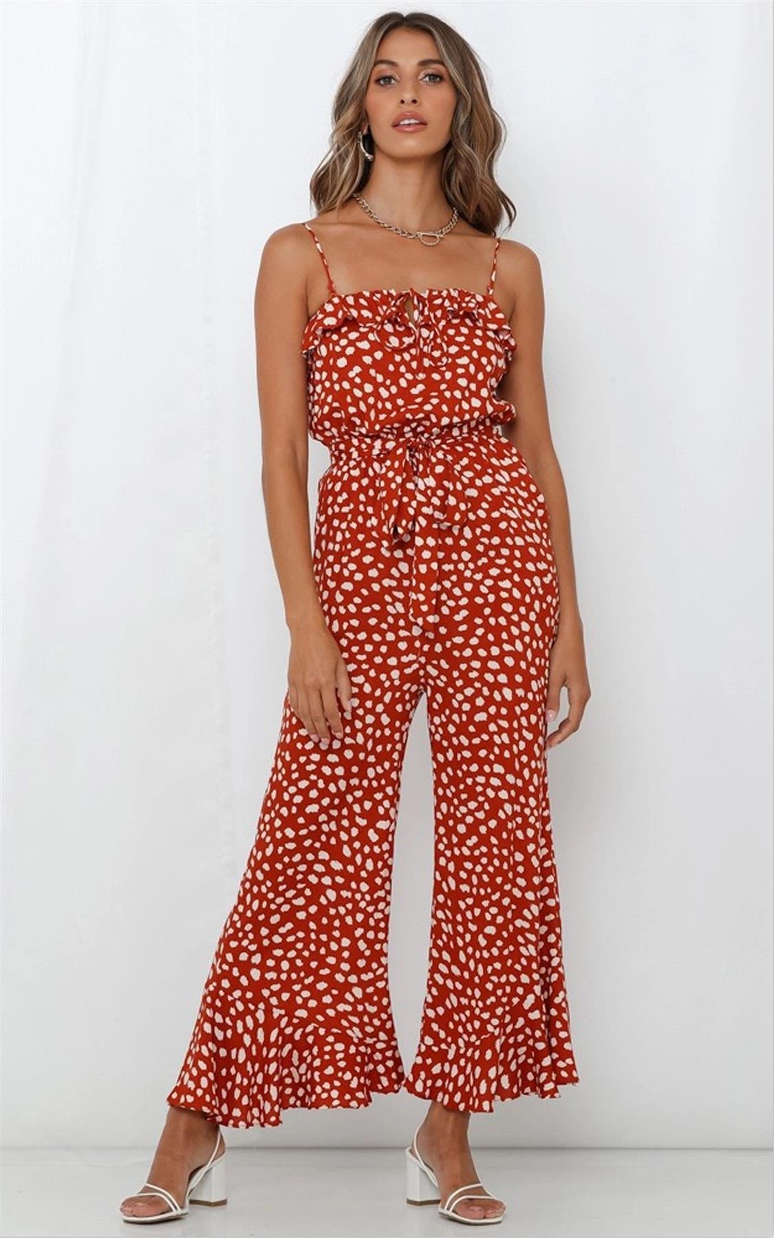 Ruffle Detail Jumpsuit In Orange Spot Print