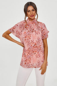 Floral Print Frill Hem Sleeve High Neck Blouse Top In Pink