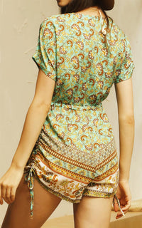 Playsuit With Drawstring Detail In Mint and Yellow Mixed Print