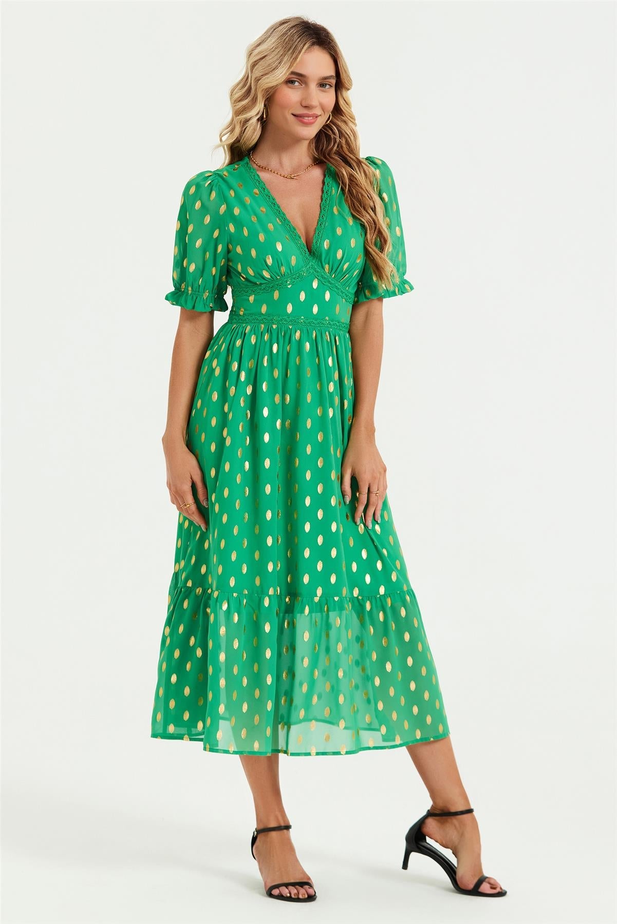 Lace Trim Foil Midi Dress In Green