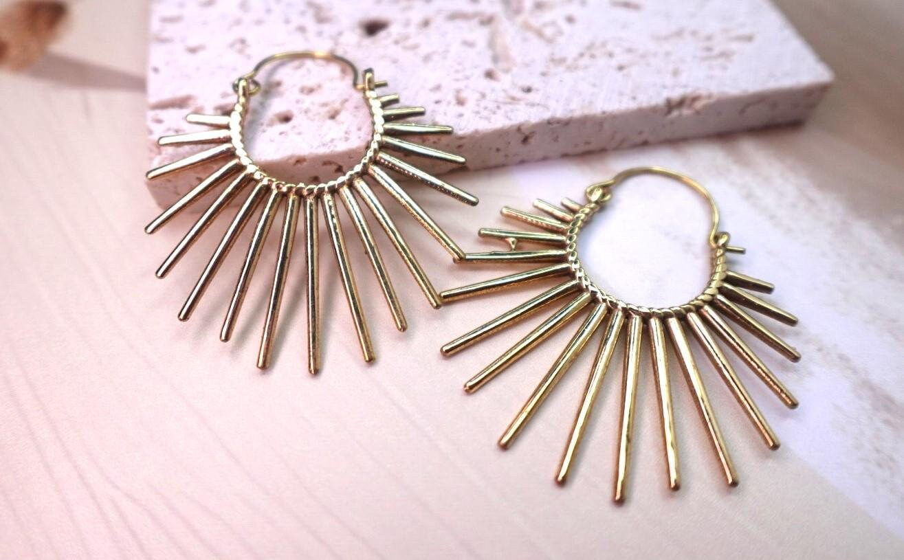 Boho style Brass Sunburst Hoop Earrings.