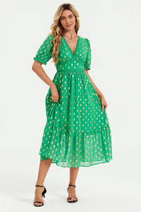 Lace Trim Foil Midi Dress In Green