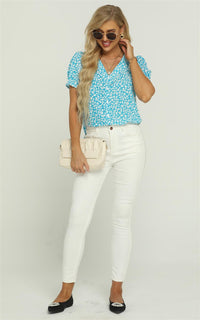 Short Sleeve Buttoned Blouse Top In Blue & White Flora Print
