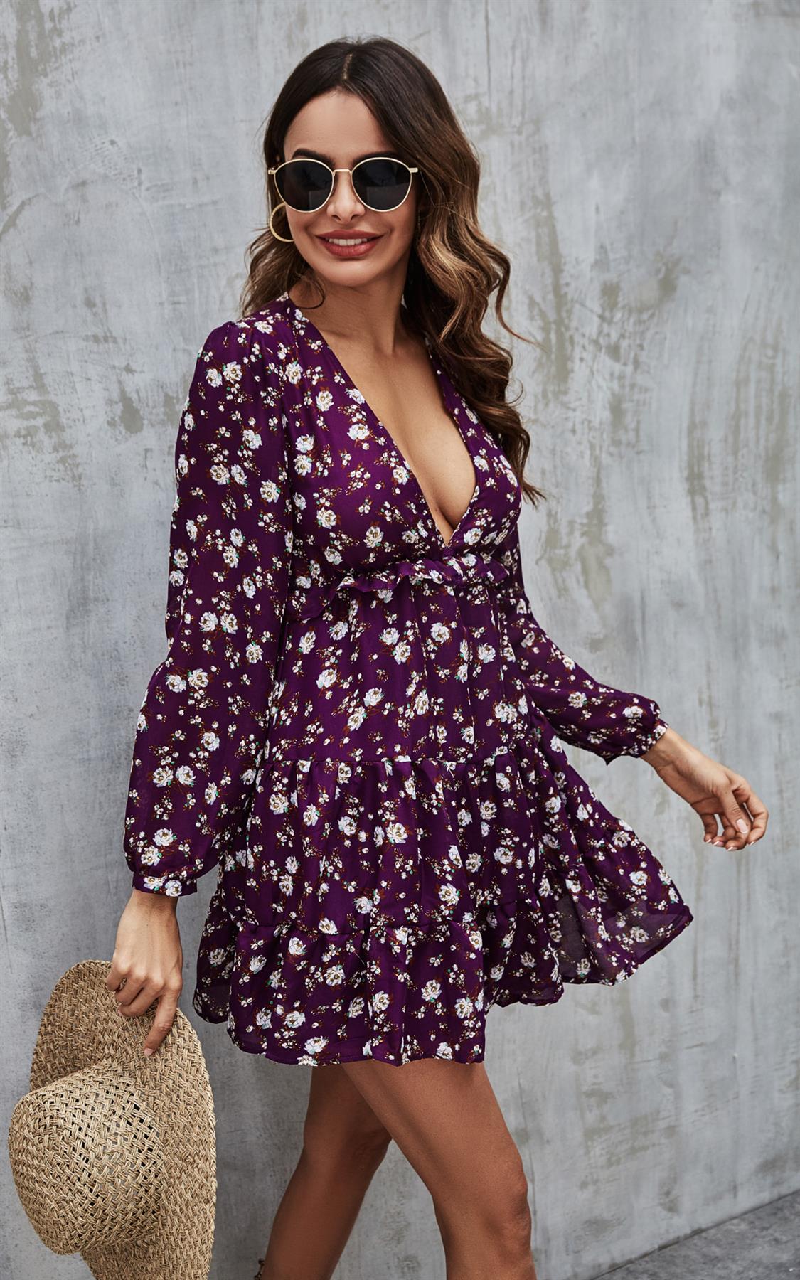 Long Sleeve Mini Dress In Purple Floral Print