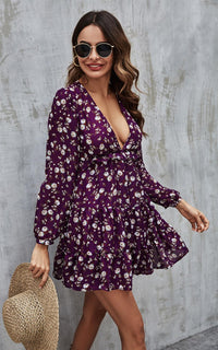 Long Sleeve Mini Dress In Purple Floral Print