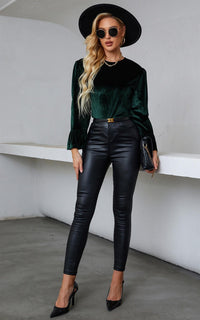 Elegant Velvet Top With Frill Detail Cuff In Dark Green