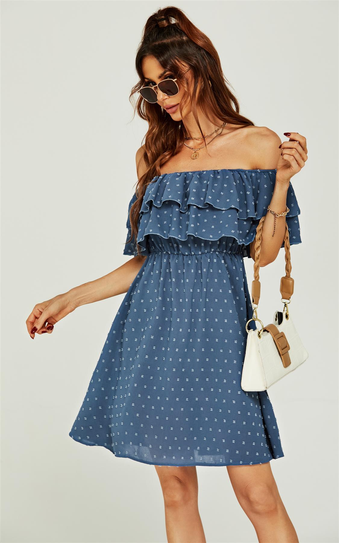 Bardot Frill Mini Dress In Blue