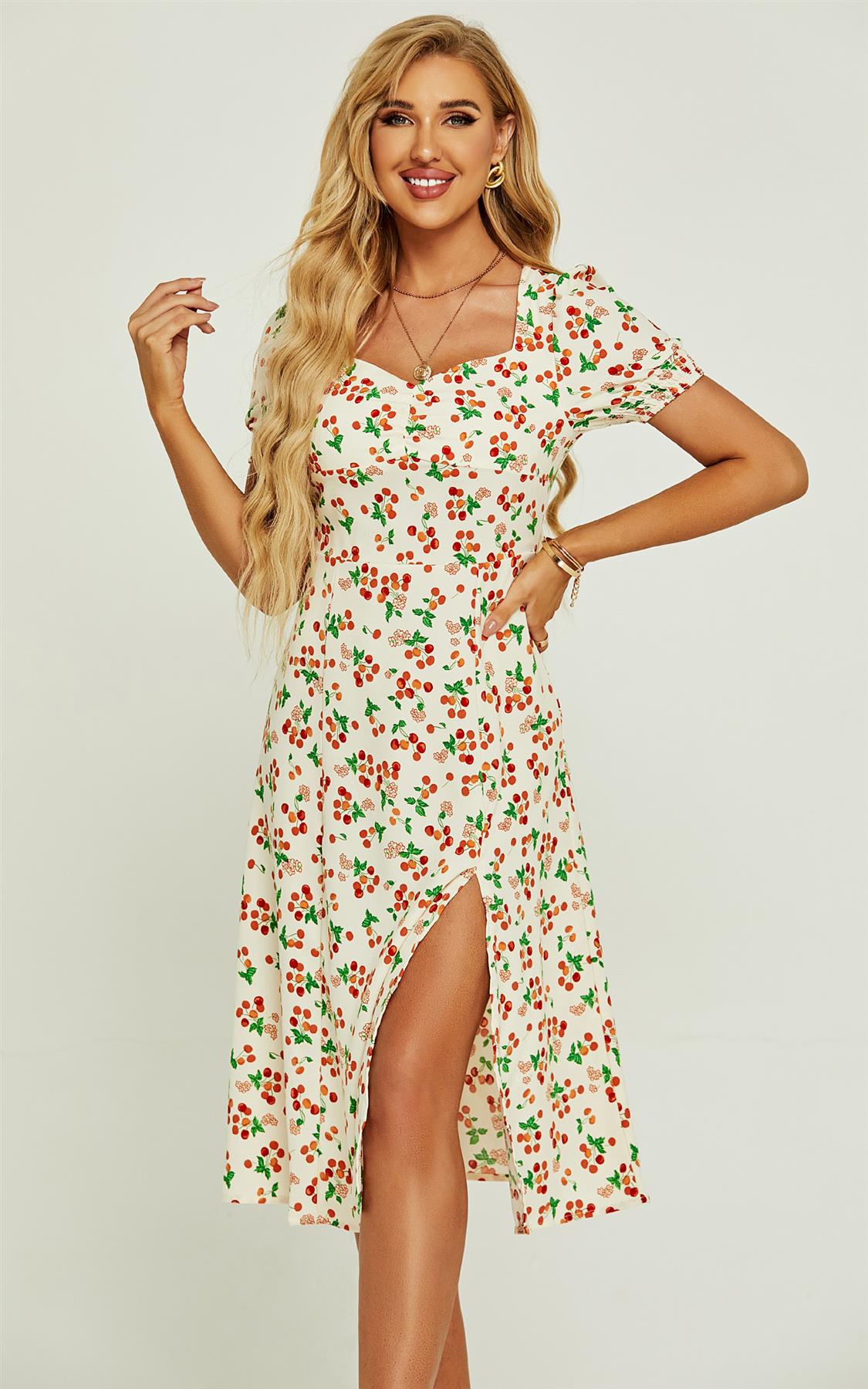 Red Cherry Print Tie Front Slip Leg Dress In Beige