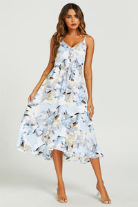 Floral Print Button Down High Low Strappy Dress In Blue