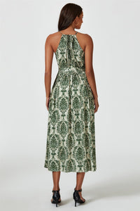 Green & Beige Floral Print Tie Halterneck Maxi Dress