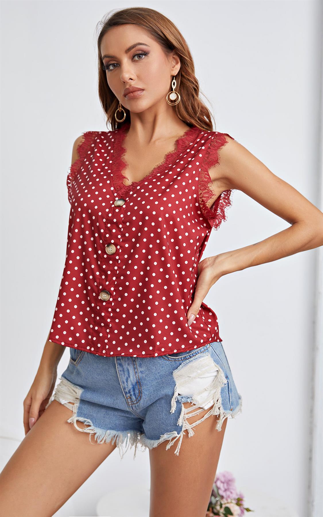 Wine Red White Dot Button Down Lace Trim V Neck Sleeveless Blouse