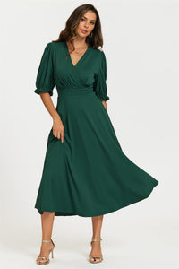 Half Sleeves Jersey Midi Dress with Wrap Neckline In Green