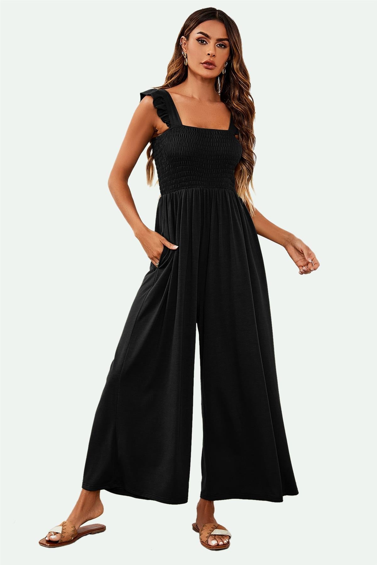 Frill Detail Strappy Jumpsuit In Black