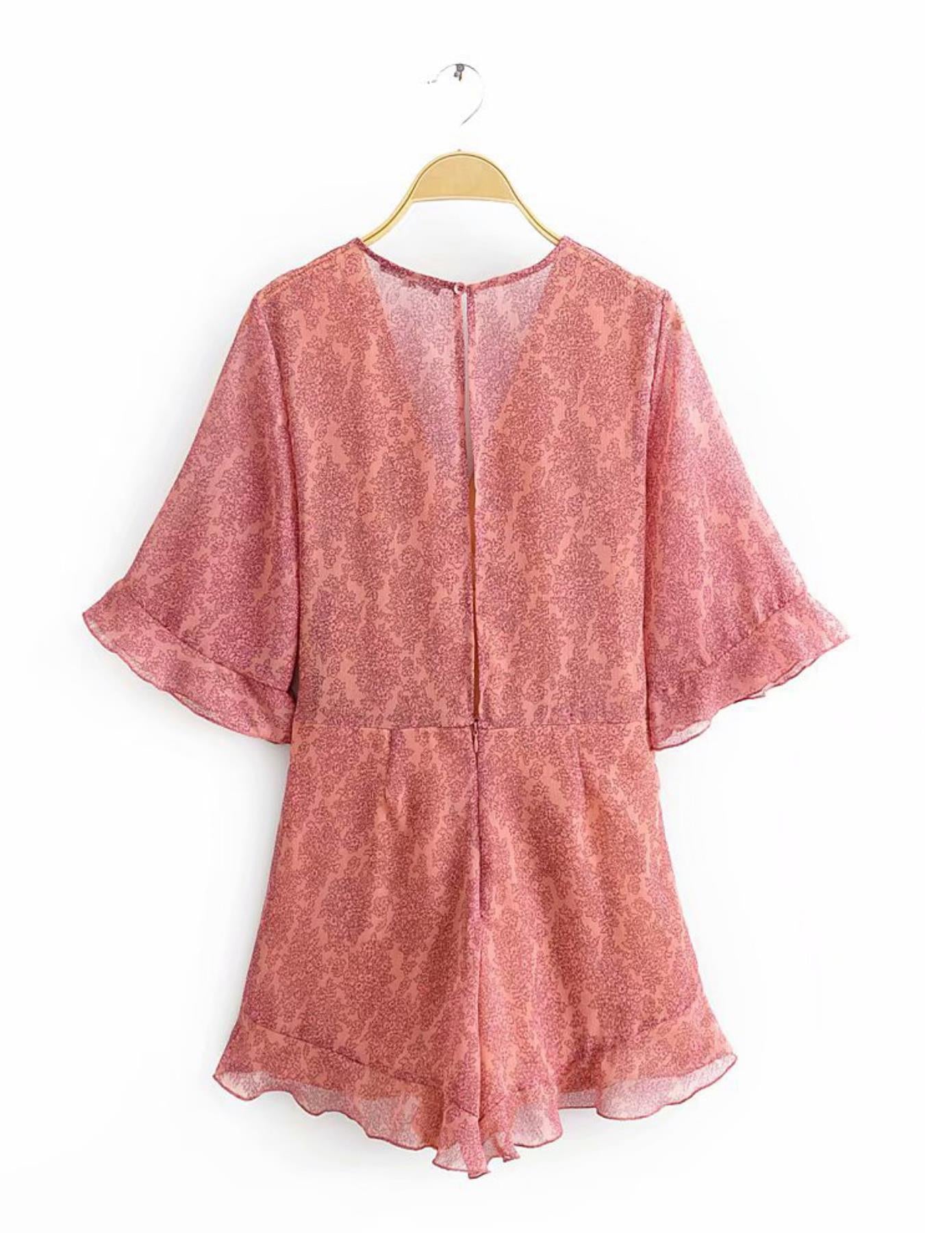 V Neck & Back Detail Playsuit In Peach With Floral Print
