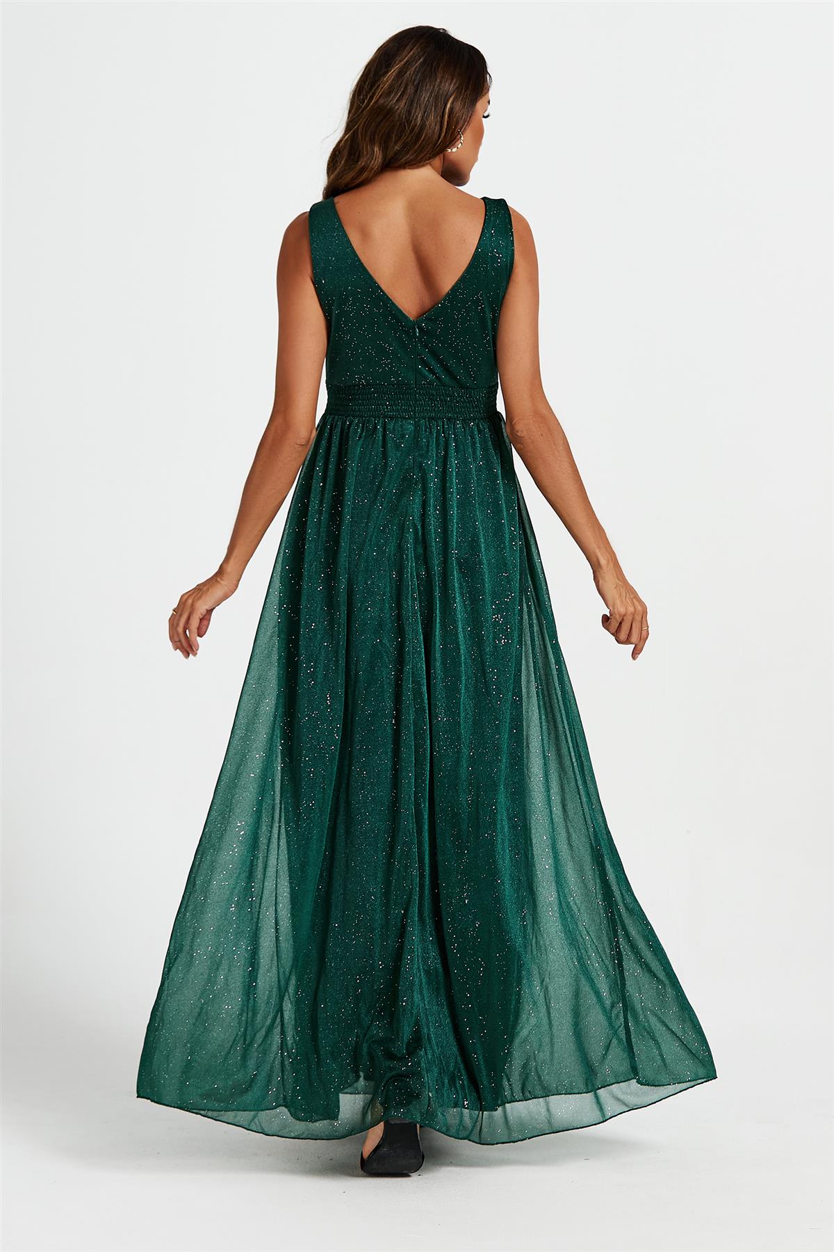 Sparkly V Neck Bridesmaid Maxi Dress In Green