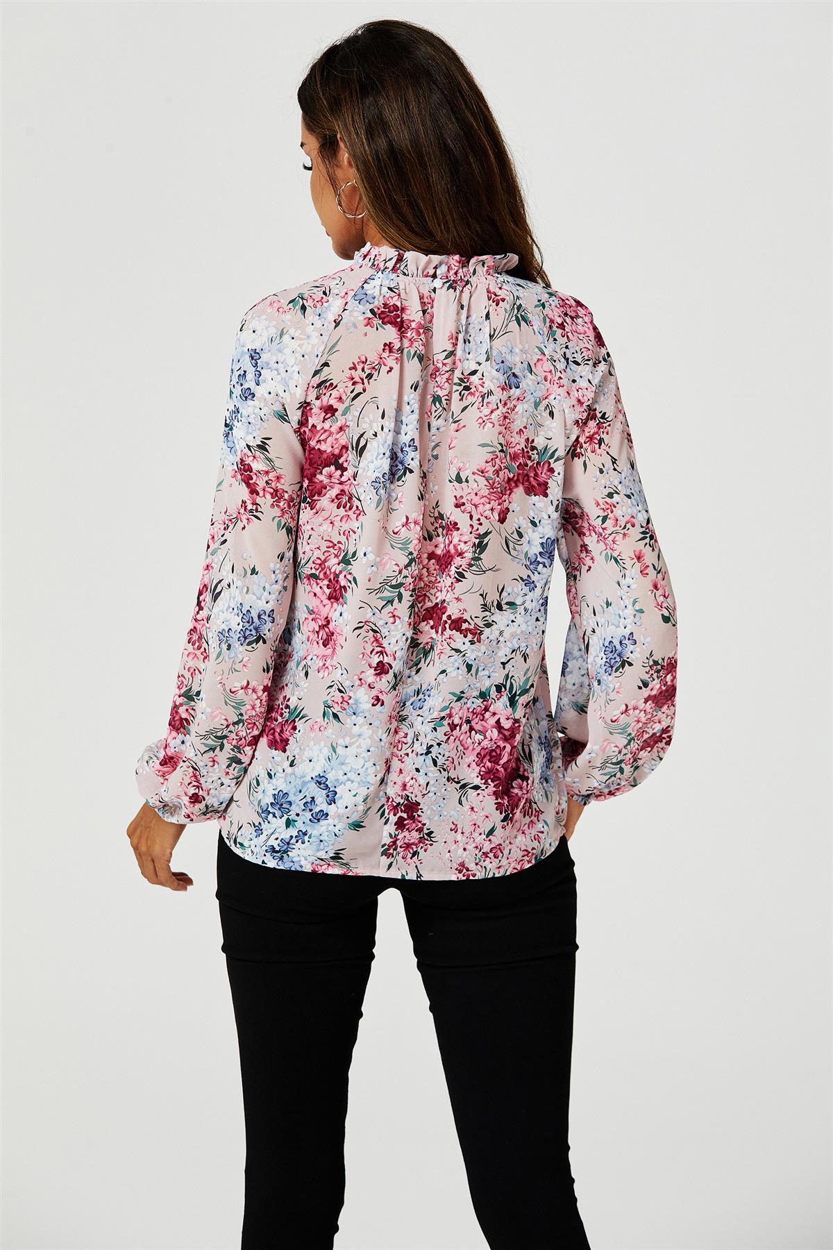 Floral Print Long Sleeve Frill High Neck Top In Pink