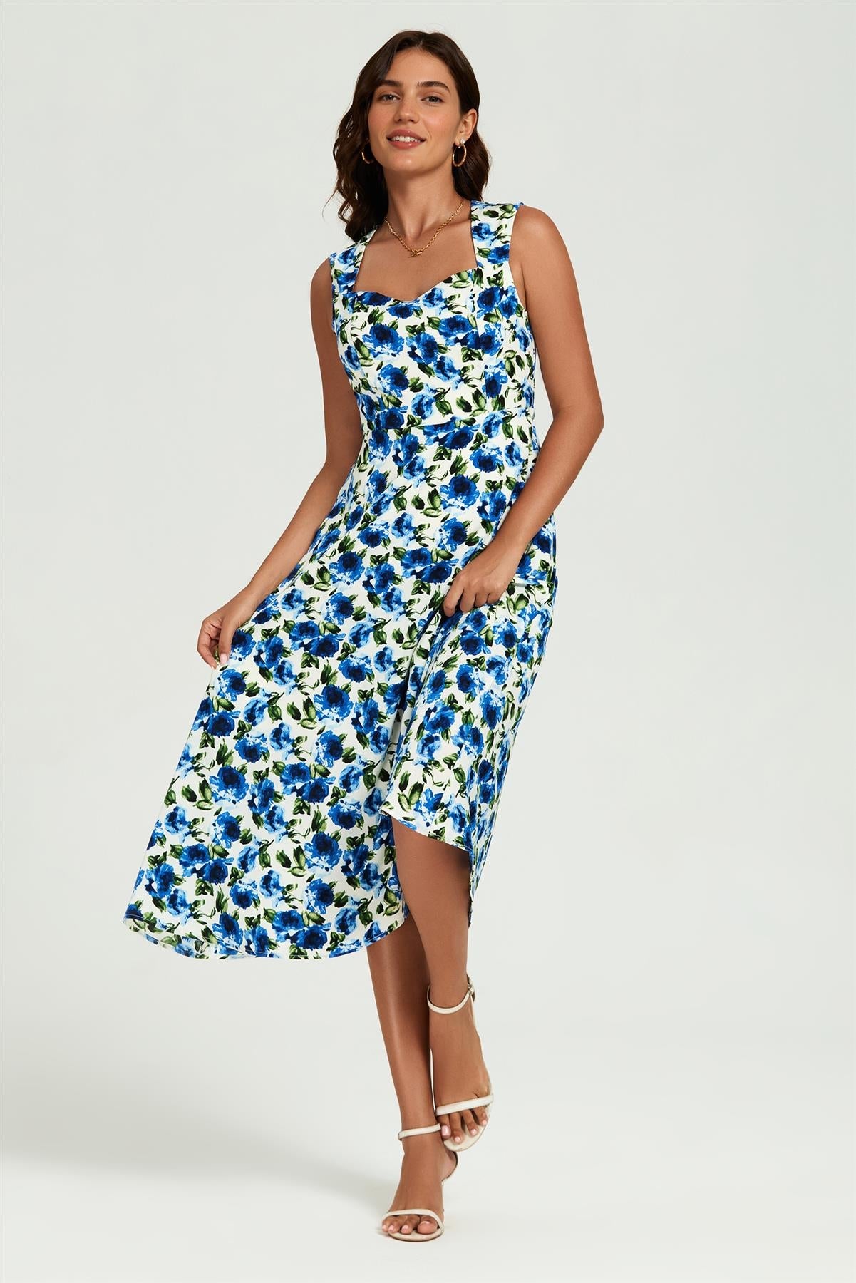Blue Floral Print Heart Neck Midi Dress