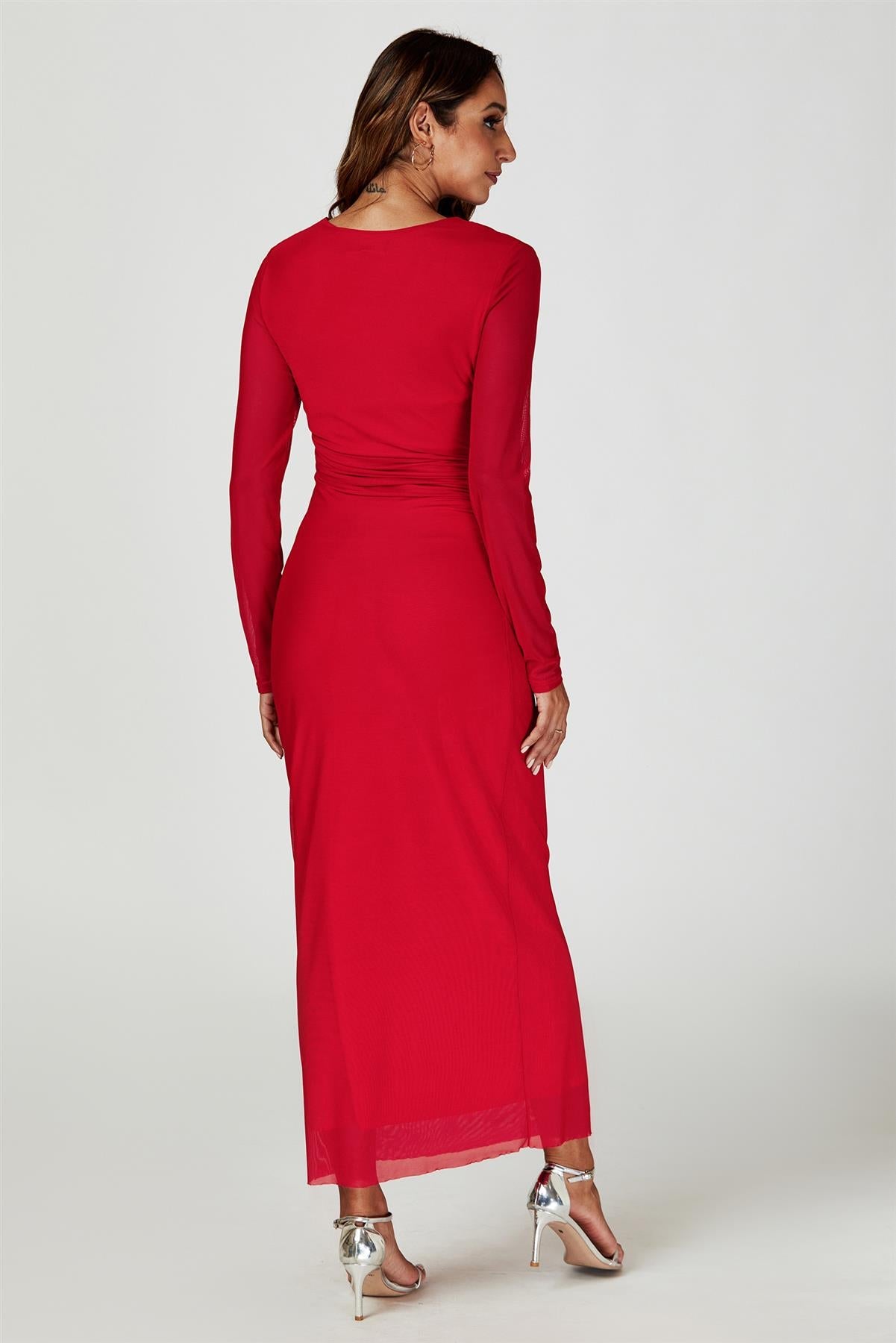 Long Sleeves Mesh Midi Dress In Red