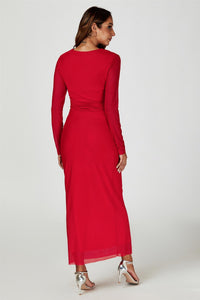 Long Sleeves Mesh Midi Dress In Red