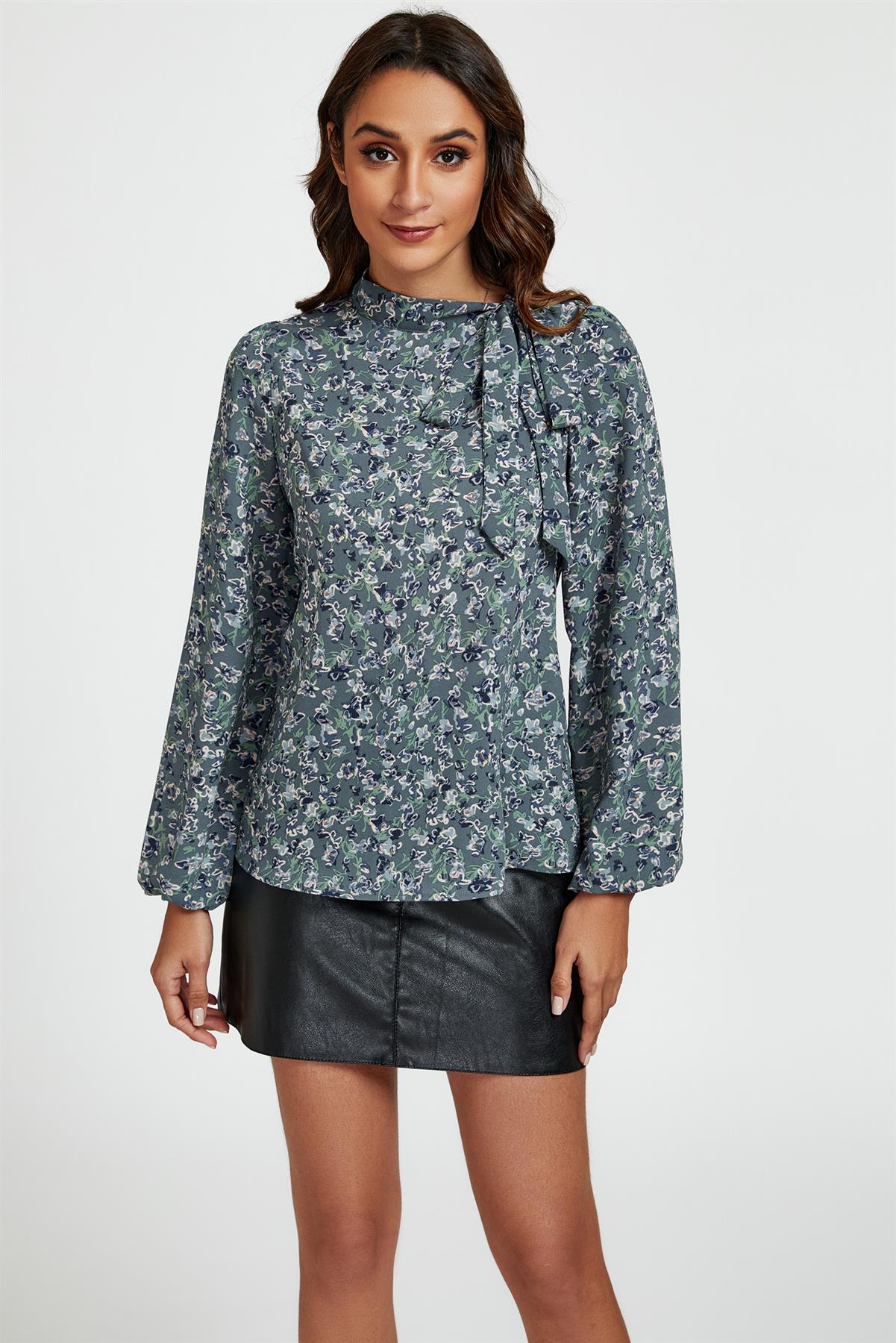 Floral Print Side Tie Blouse Top In Blue