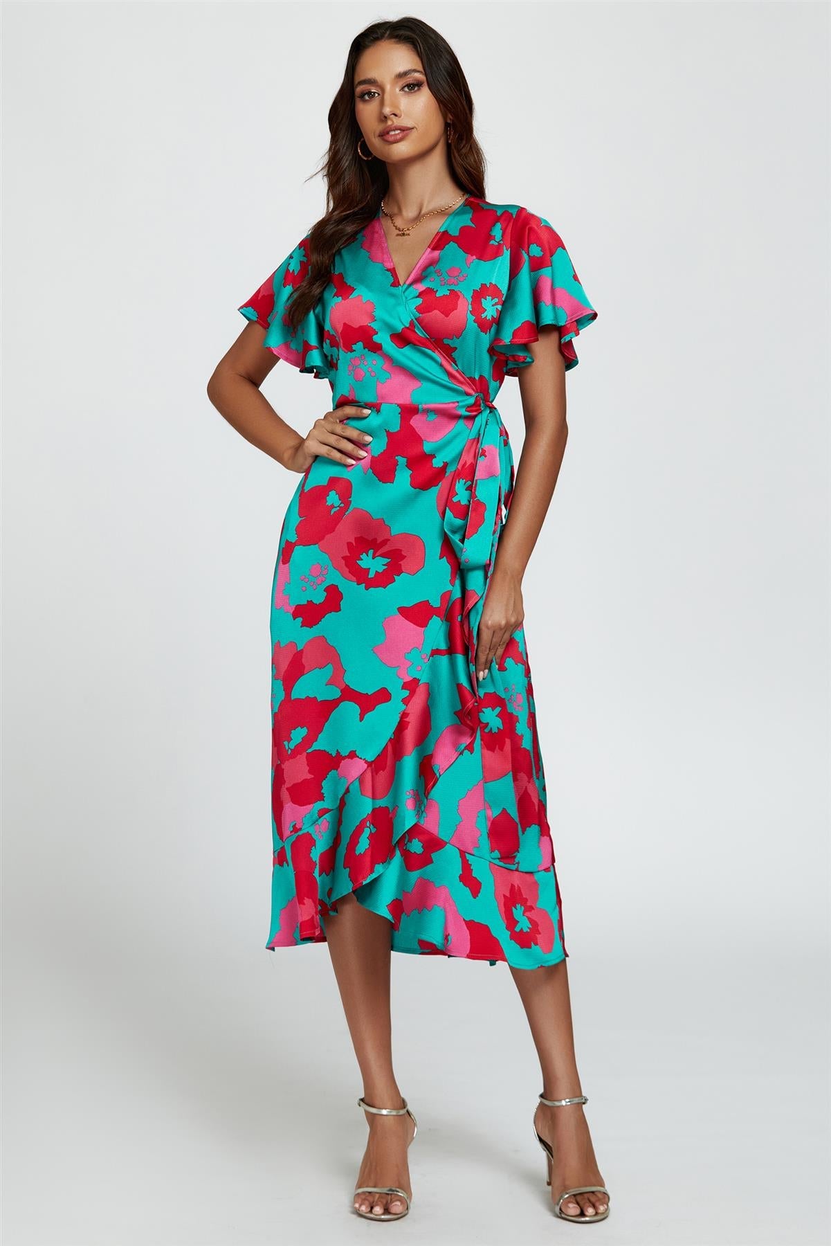 Leopard Print Angel Sleeve Wrap Midi Blue Pink