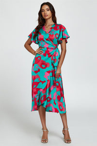 Leopard Print Angel Sleeve Wrap Midi Blue Pink