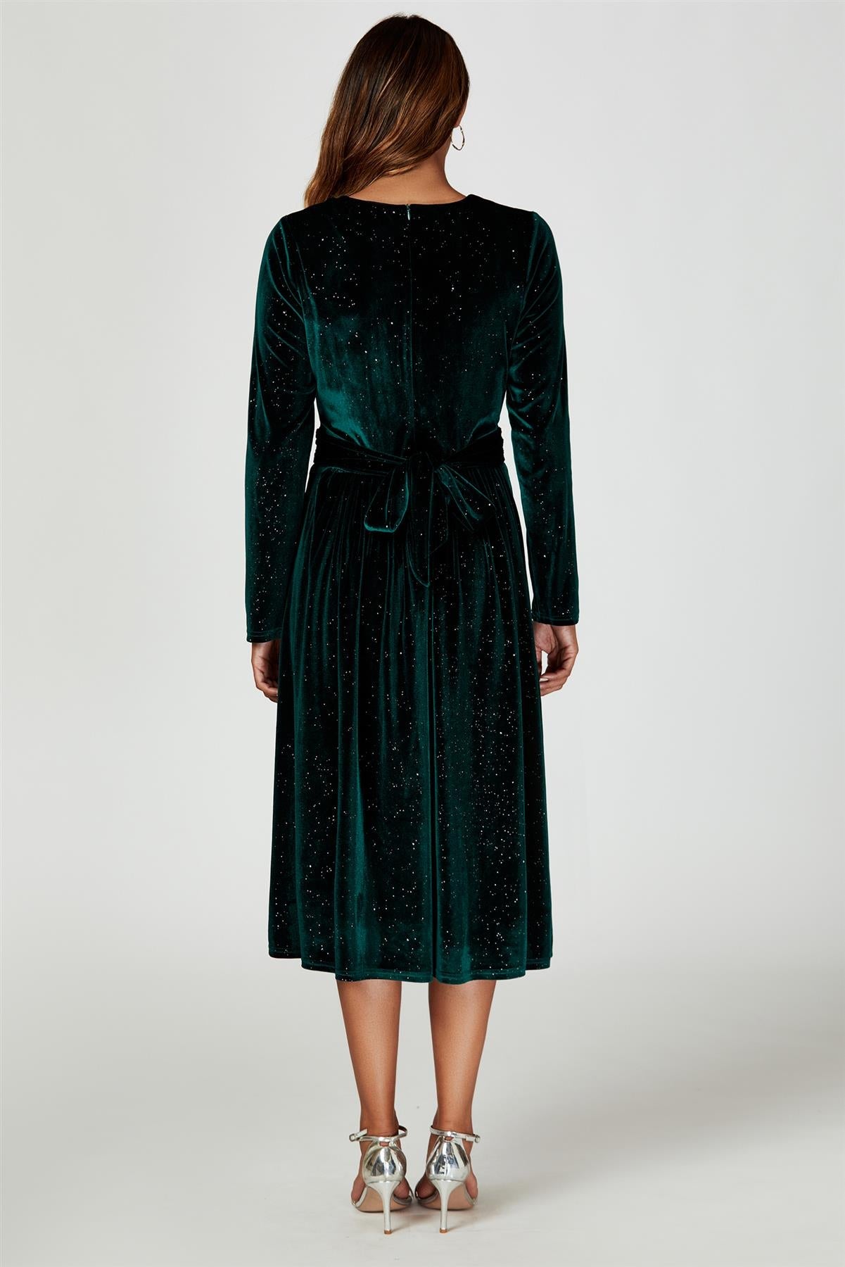 Silver Sparkly Velvet Wrap Top Midi Dress In Green