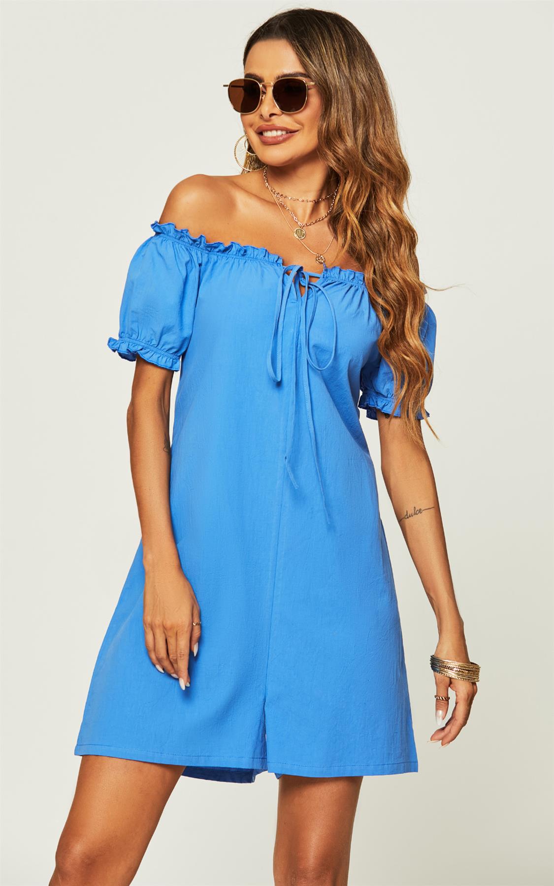 Bardot Frill Detail Playsuit In Blue