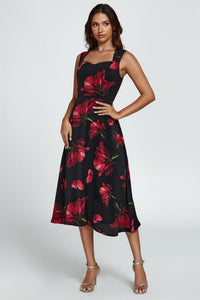 Floral Print Heart Neck Midi Dress In Black