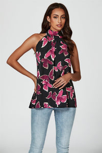 Butterfly Print Halter Neck Tie Back Top In Black