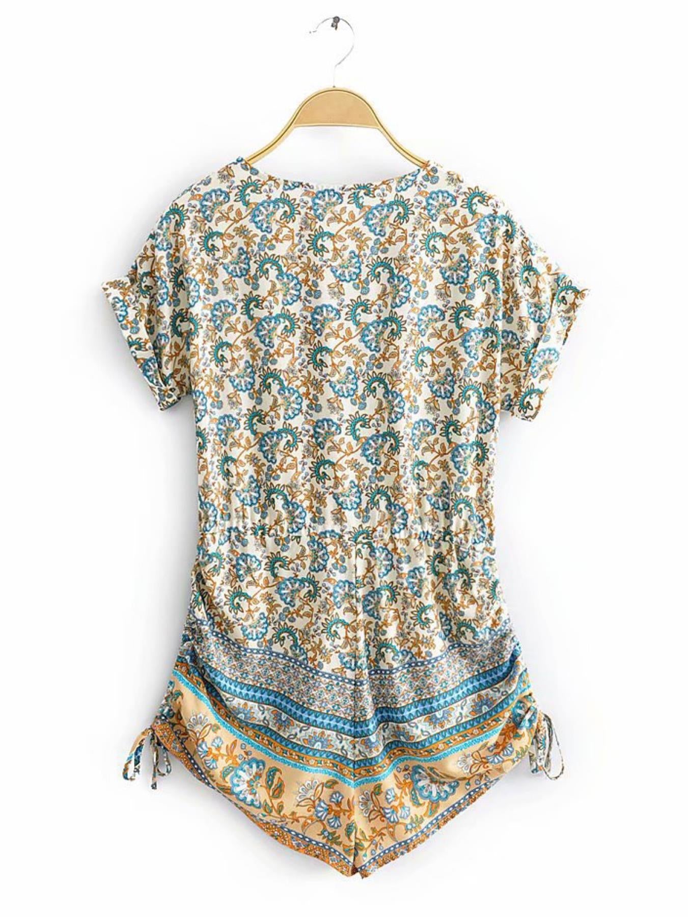 Playsuit With Drawstring Detail In Blue Mixed Print