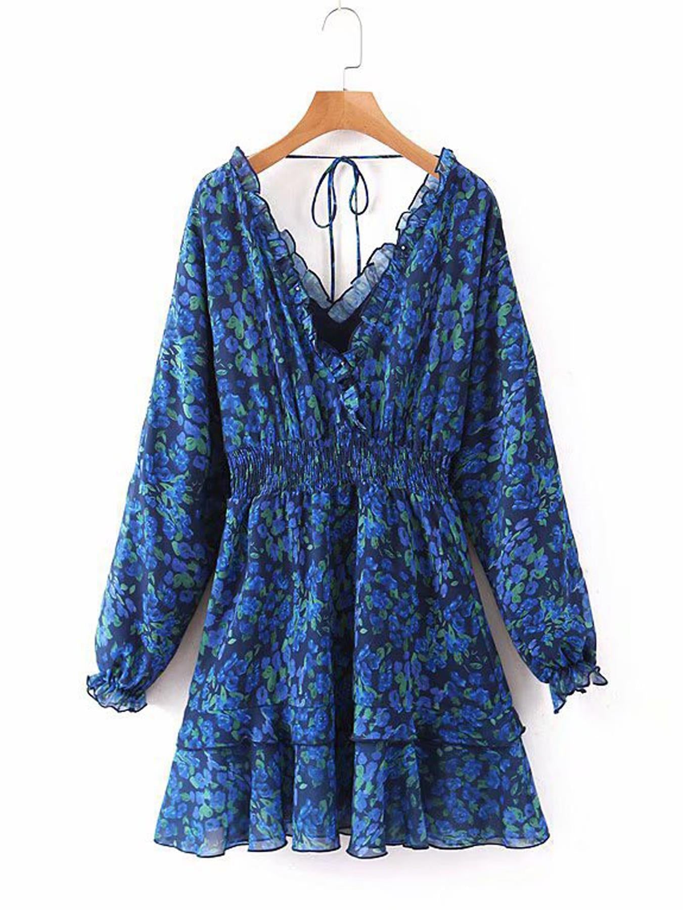 V Neck Long Sleeve Mini Dress With Frill Detail In Blue Floral Print