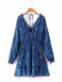 V Neck Long Sleeve Mini Dress With Frill Detail In Blue Floral Print