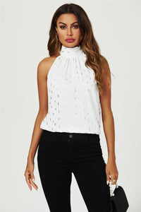 Silver Foil Halter Neck Tie Back Top In White