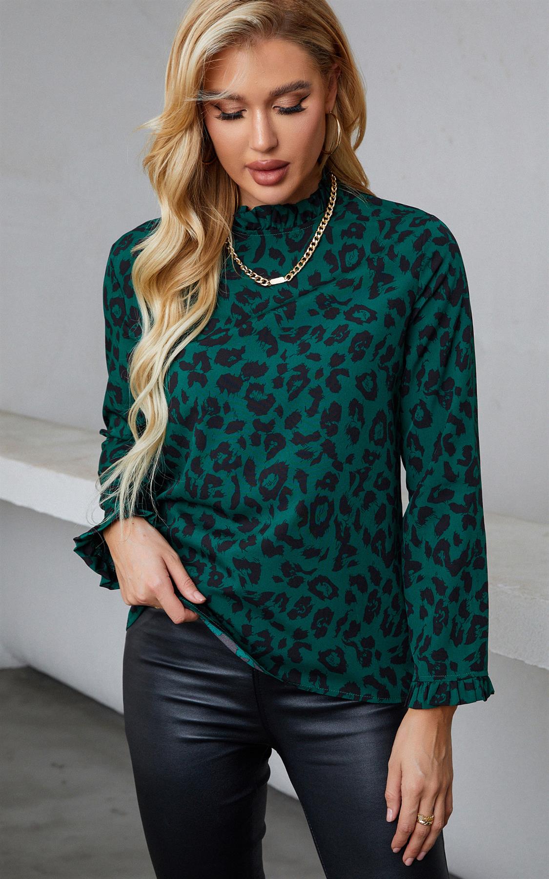 Forest Green Black Leopard Print Frill Detail High Neck Top
