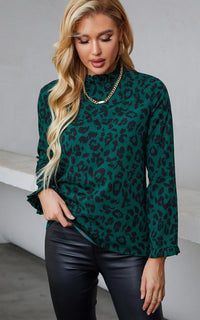 Forest Green Black Leopard Print Frill Detail High Neck Top