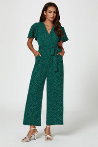 Dot Print Wrap Top Jumpsuit In Green