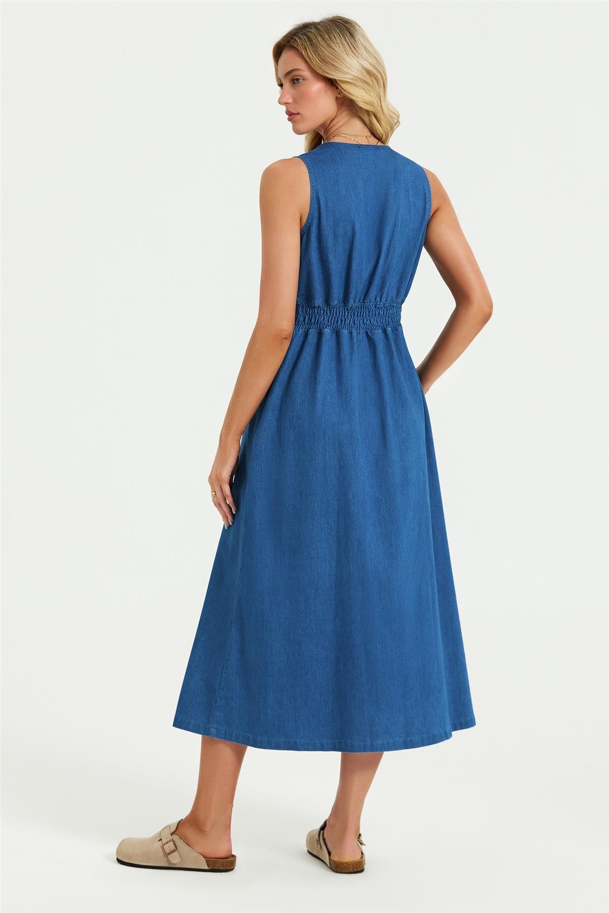 Button Down Denim Midi Dress In Blue