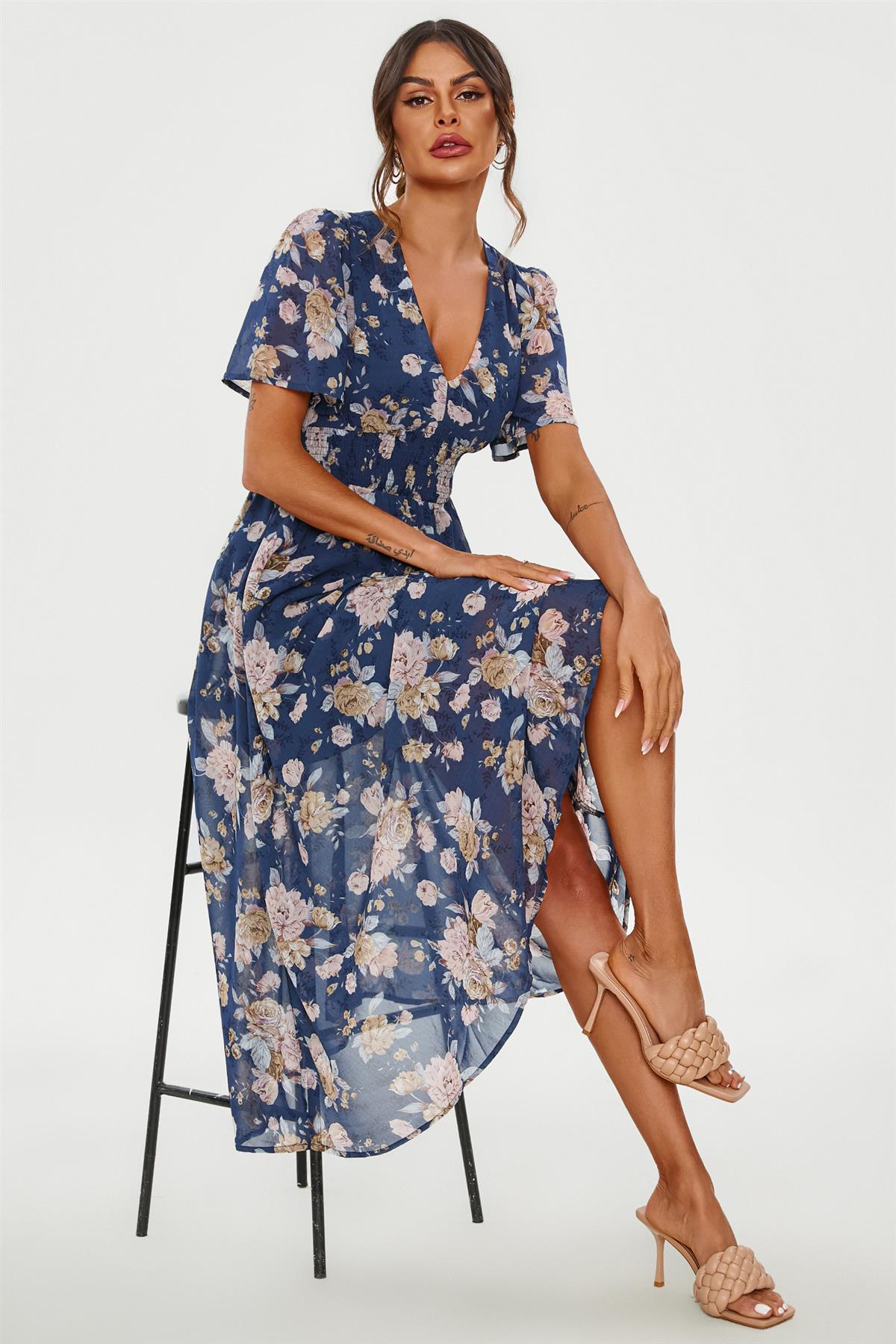 Floral Print Angel Sleeve Maxi Dress In Blue