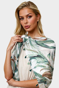 Green Leaf Print Tassel Scarf In White