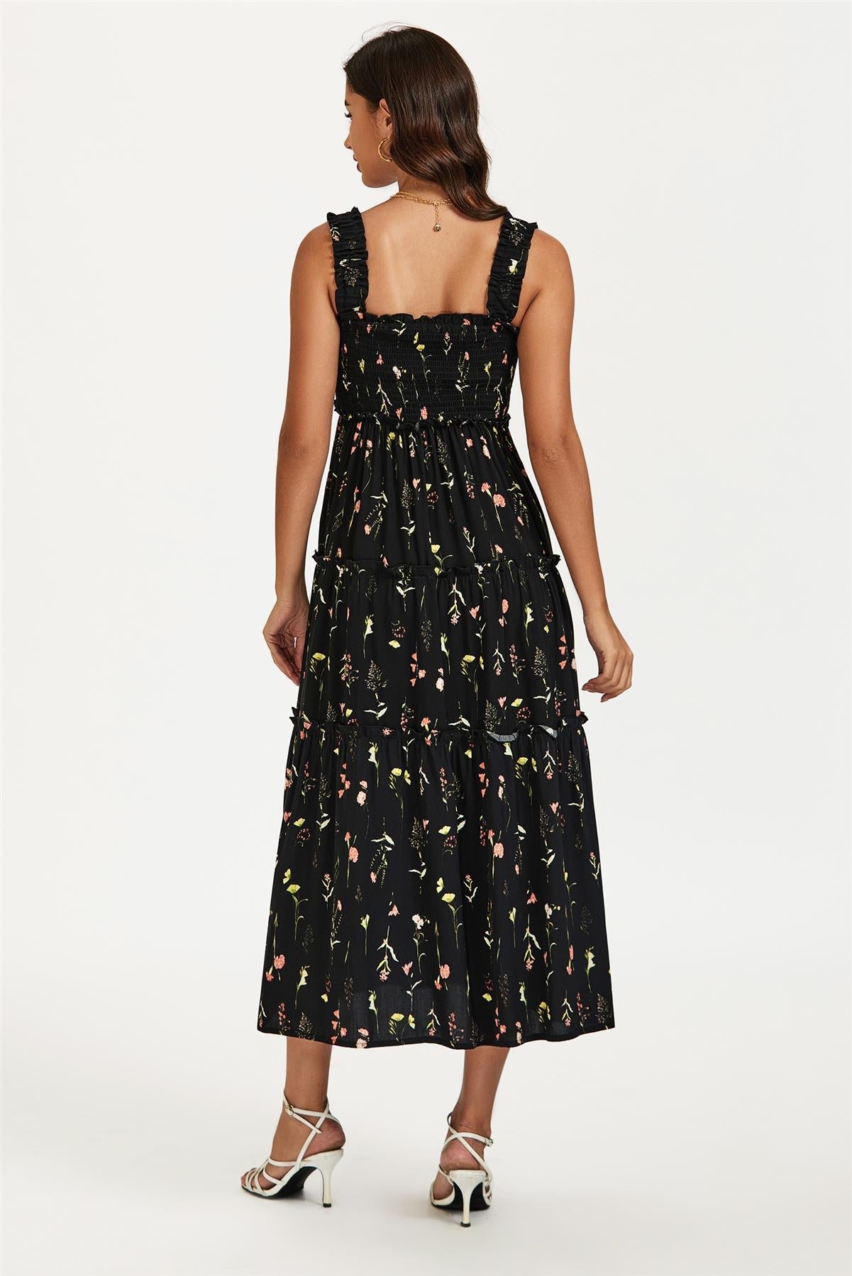Floral Print Hem Detail Tiered Maxi Dress In Black
