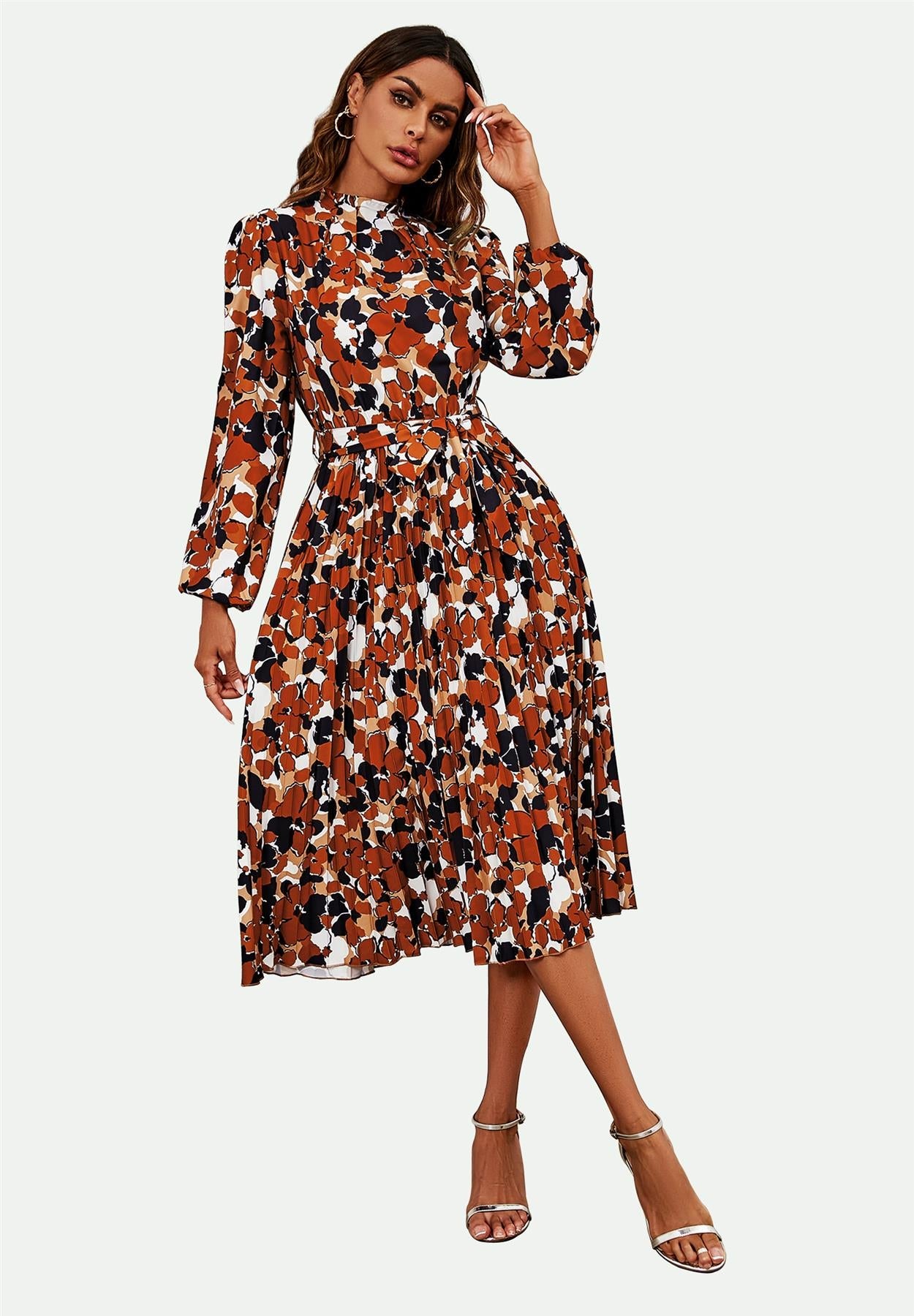 High Neck Long Sleeve Midi Dress In Rust