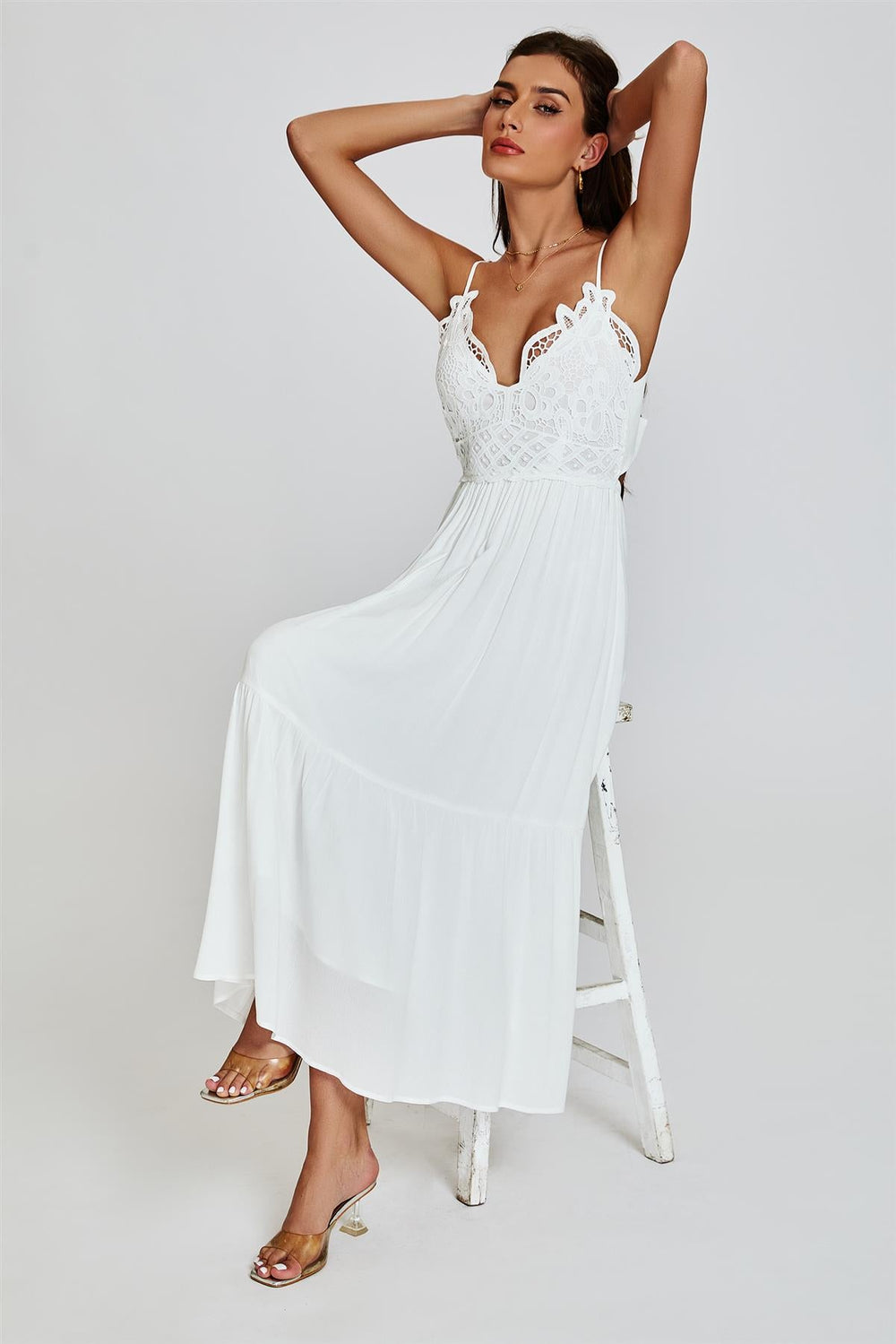 Lace Top Maxi Dress In White
